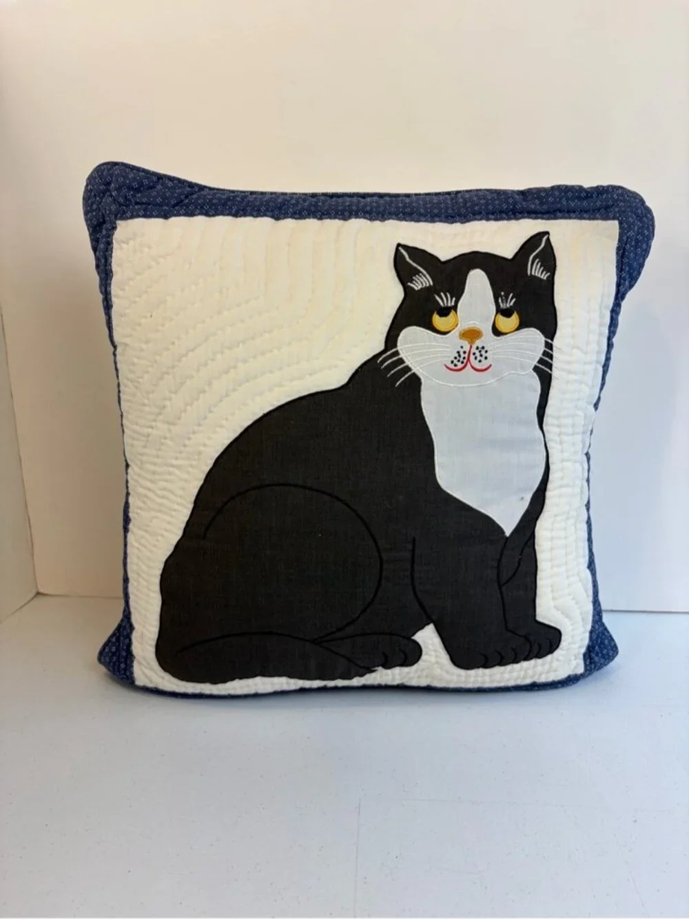Vintage Quilted Tuxedo Cat Pillow Folk Cottagecore Country Farmhouse Cats Decor